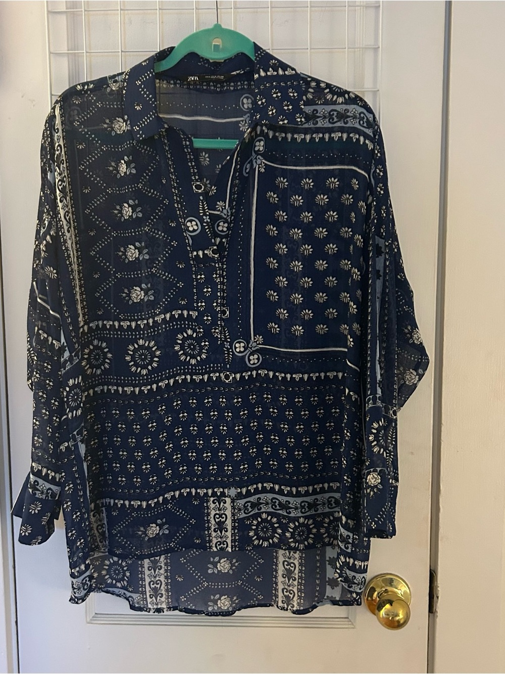 Zara Navy Blue and White Sheer Patterned Women's Blouse